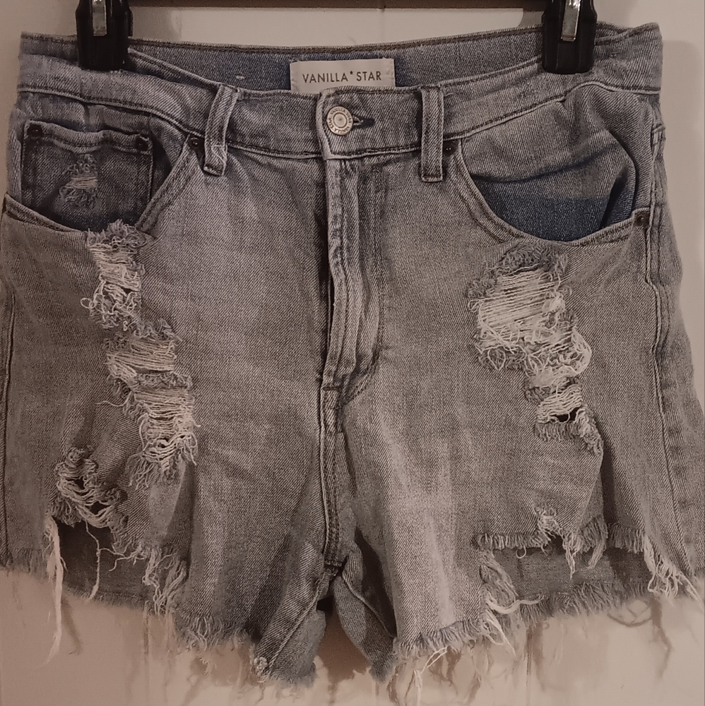 Vanilla Star Gray Jean Shorts Distressed Mid-Rise